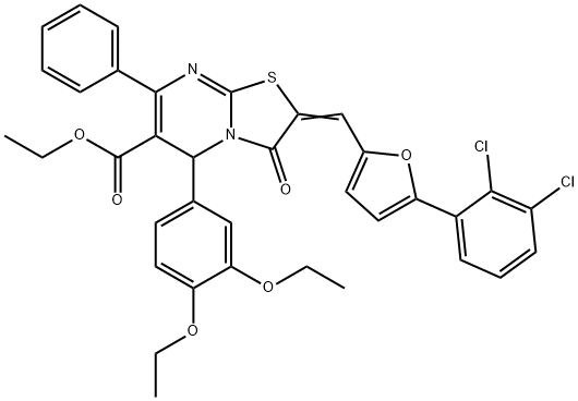 ethyl 2-{[5-(2,3-dichlorophenyl)-2-furyl]methylene}-5-(3,4-diethoxyphenyl)-3-oxo-7-phenyl-2,3-dihydro-5H-[1,3]thiazolo[3,2-a]pyrimidine-6-carboxylate 구조식 이미지