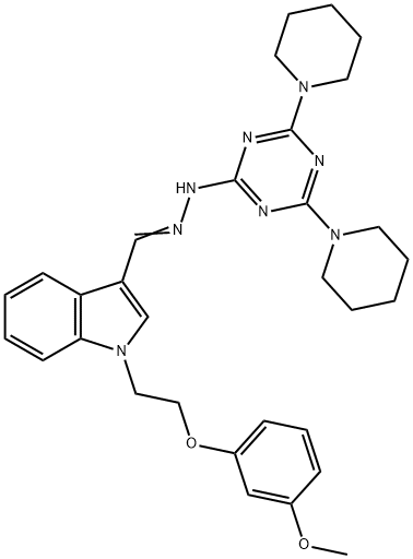 1-[2-(3-methoxyphenoxy)ethyl]-1H-indole-3-carbaldehyde (4,6-dipiperidin-1-yl-1,3,5-triazin-2-yl)hydrazone Structure