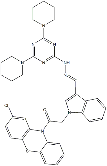1-[2-(2-chloro-10H-phenothiazin-10-yl)-2-oxoethyl]-1H-indole-3-carbaldehyde (4,6-dipiperidin-1-yl-1,3,5-triazin-2-yl)hydrazone Structure