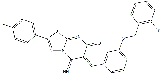 6-{3-[(2-fluorobenzyl)oxy]benzylidene}-5-imino-2-(4-methylphenyl)-5,6-dihydro-7H-[1,3,4]thiadiazolo[3,2-a]pyrimidin-7-one Structure