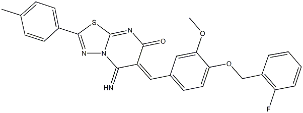 6-{4-[(2-fluorobenzyl)oxy]-3-methoxybenzylidene}-5-imino-2-(4-methylphenyl)-5,6-dihydro-7H-[1,3,4]thiadiazolo[3,2-a]pyrimidin-7-one 구조식 이미지