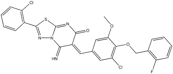 6-{3-chloro-4-[(2-fluorobenzyl)oxy]-5-methoxybenzylidene}-2-(2-chlorophenyl)-5-imino-5,6-dihydro-7H-[1,3,4]thiadiazolo[3,2-a]pyrimidin-7-one Structure