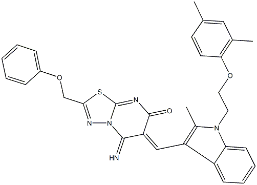 6-({1-[2-(2,4-dimethylphenoxy)ethyl]-2-methyl-1H-indol-3-yl}methylene)-5-imino-2-(phenoxymethyl)-5,6-dihydro-7H-[1,3,4]thiadiazolo[3,2-a]pyrimidin-7-one 구조식 이미지