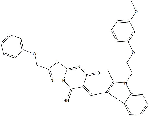 5-imino-6-({1-[2-(3-methoxyphenoxy)ethyl]-2-methyl-1H-indol-3-yl}methylene)-2-(phenoxymethyl)-5,6-dihydro-7H-[1,3,4]thiadiazolo[3,2-a]pyrimidin-7-one Structure