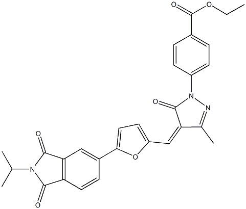 ethyl 4-(4-{[5-(2-isopropyl-1,3-dioxo-2,3-dihydro-1H-isoindol-5-yl)-2-furyl]methylene}-3-methyl-5-oxo-4,5-dihydro-1H-pyrazol-1-yl)benzoate 구조식 이미지