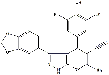 6-amino-3-(1,3-benzodioxol-5-yl)-4-(3,5-dibromo-4-hydroxyphenyl)-1,4-dihydropyrano[2,3-c]pyrazole-5-carbonitrile 구조식 이미지