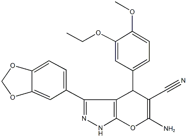 6-amino-3-(1,3-benzodioxol-5-yl)-4-(3-ethoxy-4-methoxyphenyl)-1,4-dihydropyrano[2,3-c]pyrazole-5-carbonitrile Structure