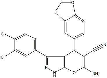 6-amino-4-(1,3-benzodioxol-5-yl)-3-(3,4-dichlorophenyl)-1,4-dihydropyrano[2,3-c]pyrazole-5-carbonitrile Structure