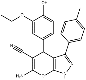 6-amino-4-(3-ethoxy-4-hydroxyphenyl)-3-(4-methylphenyl)-1,4-dihydropyrano[2,3-c]pyrazole-5-carbonitrile 구조식 이미지