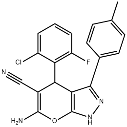 6-amino-4-(2-chloro-6-fluorophenyl)-3-(4-methylphenyl)-1,4-dihydropyrano[2,3-c]pyrazole-5-carbonitrile Structure