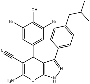 6-amino-4-(3,5-dibromo-4-hydroxyphenyl)-3-(4-isobutylphenyl)-1,4-dihydropyrano[2,3-c]pyrazole-5-carbonitrile 구조식 이미지