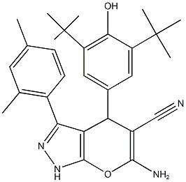 6-amino-4-(3,5-ditert-butyl-4-hydroxyphenyl)-3-(2,4-dimethylphenyl)-1,4-dihydropyrano[2,3-c]pyrazole-5-carbonitrile Structure