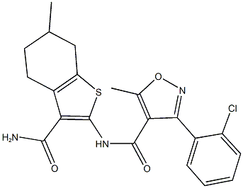 N-[3-(aminocarbonyl)-6-methyl-4,5,6,7-tetrahydro-1-benzothien-2-yl]-3-(2-chlorophenyl)-5-methyl-4-isoxazolecarboxamide Structure