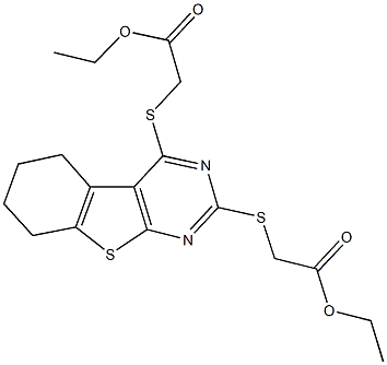 ethyl ({2-[(2-ethoxy-2-oxoethyl)sulfanyl]-5,6,7,8-tetrahydro[1]benzothieno[2,3-d]pyrimidin-4-yl}sulfanyl)acetate 구조식 이미지