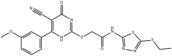 2-{[5-cyano-4-(3-methoxyphenyl)-6-oxo-1,6-dihydro-2-pyrimidinyl]sulfanyl}-N-[5-(ethylsulfanyl)-1,3,4-thiadiazol-2-yl]acetamide 구조식 이미지