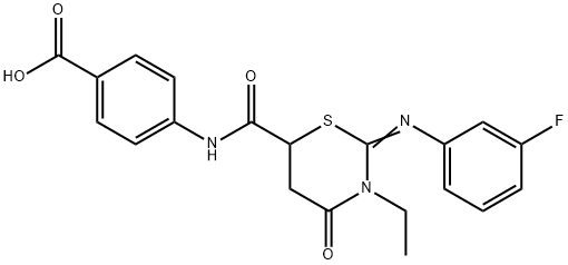 4-[({3-ethyl-2-[(3-fluorophenyl)imino]-4-oxo-1,3-thiazinan-6-yl}carbonyl)amino]benzoic acid Structure