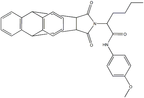 2-(16,18-dioxo-17-azapentacyclo[6.6.5.0~2,7~.0~9,14~.0~15,19~]nonadeca-2,4,6,9,11,13-hexaen-17-yl)-N-(4-methoxyphenyl)hexanamide 구조식 이미지