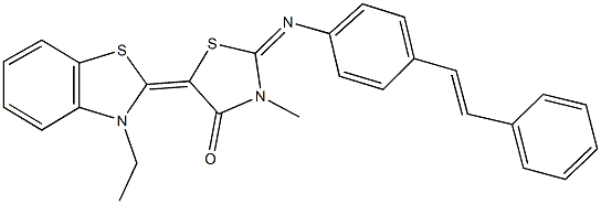 5-(3-ethyl-1,3-benzothiazol-2(3H)-ylidene)-3-methyl-2-{[4-(2-phenylvinyl)phenyl]imino}-1,3-thiazolidin-4-one 구조식 이미지