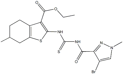 ethyl 2-[({[(4-bromo-1-methyl-1H-pyrazol-3-yl)carbonyl]amino}carbothioyl)amino]-6-methyl-4,5,6,7-tetrahydro-1-benzothiophene-3-carboxylate 구조식 이미지