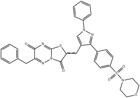 6-benzyl-2-({3-[4-(4-morpholinylsulfonyl)phenyl]-1-phenyl-1H-pyrazol-4-yl}methylene)-7H-[1,3]thiazolo[3,2-b][1,2,4]triazine-3,7(2H)-dione 구조식 이미지