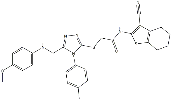 N-(3-cyano-4,5,6,7-tetrahydro-1-benzothien-2-yl)-2-{[5-[(4-methoxyanilino)methyl]-4-(4-methylphenyl)-4H-1,2,4-triazol-3-yl]sulfanyl}acetamide 구조식 이미지