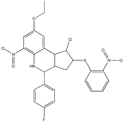 1-chloro-8-ethoxy-4-(4-fluorophenyl)-6-nitro-2-({2-nitrophenyl}sulfanyl)-2,3,3a,4,5,9b-hexahydro-1H-cyclopenta[c]quinoline Structure