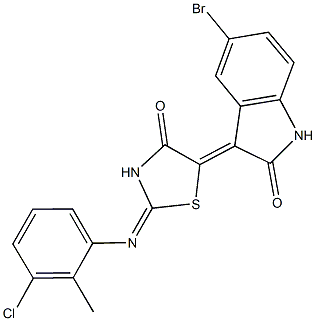 5-bromo-3-{2-[(3-chloro-2-methylphenyl)imino]-4-oxo-1,3-thiazolidin-5-ylidene}-1,3-dihydro-2H-indol-2-one Structure