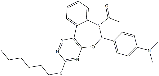 N-{4-[7-acetyl-3-(hexylsulfanyl)-6,7-dihydro[1,2,4]triazino[5,6-d][3,1]benzoxazepin-6-yl]phenyl}-N,N-dimethylamine 구조식 이미지