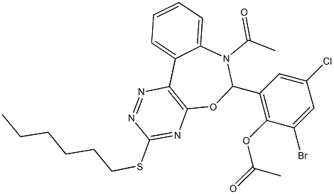 2-[7-acetyl-3-(hexylsulfanyl)-6,7-dihydro[1,2,4]triazino[5,6-d][3,1]benzoxazepin-6-yl]-6-bromo-4-chlorophenyl acetate 구조식 이미지