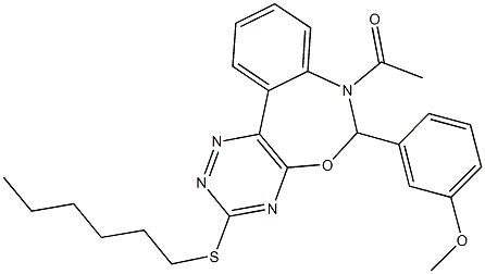 3-[7-acetyl-3-(hexylsulfanyl)-6,7-dihydro[1,2,4]triazino[5,6-d][3,1]benzoxazepin-6-yl]phenyl methyl ether 구조식 이미지