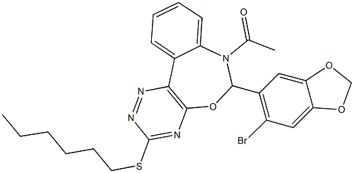 7-acetyl-6-(6-bromo-1,3-benzodioxol-5-yl)-6,7-dihydro[1,2,4]triazino[5,6-d][3,1]benzoxazepin-3-yl hexyl sulfide 구조식 이미지