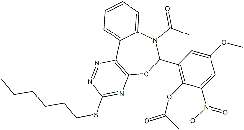 2-[7-acetyl-3-(hexylsulfanyl)-6,7-dihydro[1,2,4]triazino[5,6-d][3,1]benzoxazepin-6-yl]-6-nitro-4-methoxyphenyl acetate Structure