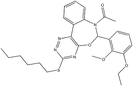 7-acetyl-6-(3-ethoxy-2-methoxyphenyl)-3-(hexylsulfanyl)-6,7-dihydro[1,2,4]triazino[5,6-d][3,1]benzoxazepine 구조식 이미지