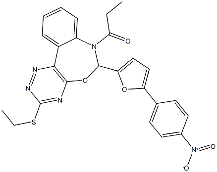 3-(ethylsulfanyl)-6-(5-{4-nitrophenyl}-2-furyl)-7-propionyl-6,7-dihydro[1,2,4]triazino[5,6-d][3,1]benzoxazepine Structure