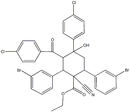 ethyl 2,6-bis(3-bromophenyl)-3-(4-chlorobenzoyl)-4-(4-chlorophenyl)-1-cyano-4-hydroxycyclohexanecarboxylate 구조식 이미지