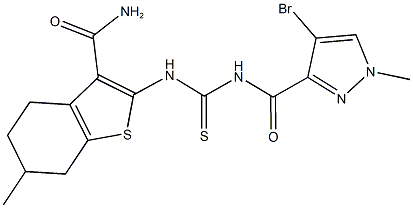 2-[({[(4-bromo-1-methyl-1H-pyrazol-3-yl)carbonyl]amino}carbothioyl)amino]-6-methyl-4,5,6,7-tetrahydro-1-benzothiophene-3-carboxamide 구조식 이미지