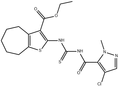 ethyl 2-[({[(4-chloro-1-methyl-1H-pyrazol-5-yl)carbonyl]amino}carbothioyl)amino]-5,6,7,8-tetrahydro-4H-cyclohepta[b]thiophene-3-carboxylate 구조식 이미지