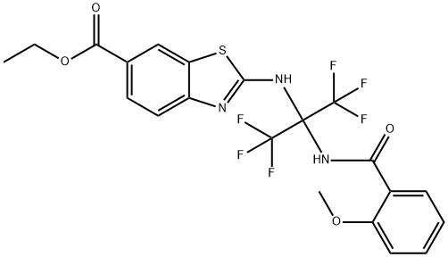 ethyl 2-{[2,2,2-trifluoro-1-[(2-methoxybenzoyl)amino]-1-(trifluoromethyl)ethyl]amino}-1,3-benzothiazole-6-carboxylate 구조식 이미지