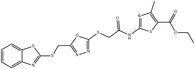 ethyl 2-{[({5-[(1,3-benzothiazol-2-ylsulfanyl)methyl]-1,3,4-oxadiazol-2-yl}sulfanyl)acetyl]amino}-4-methyl-1,3-thiazole-5-carboxylate 구조식 이미지