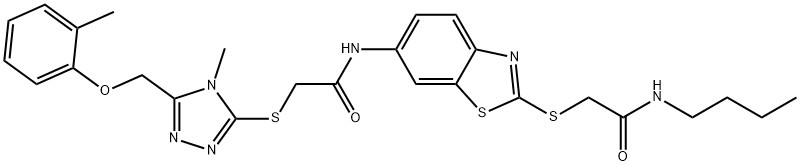 N-(2-{[2-(butylamino)-2-oxoethyl]sulfanyl}-1,3-benzothiazol-6-yl)-2-({4-methyl-5-[(2-methylphenoxy)methyl]-4H-1,2,4-triazol-3-yl}sulfanyl)acetamide 구조식 이미지