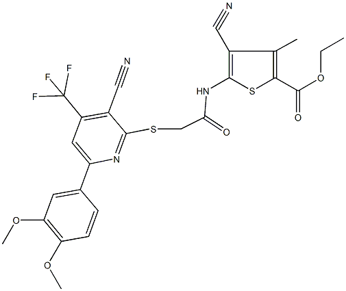 ethyl 4-cyano-5-[({[3-cyano-6-(3,4-dimethoxyphenyl)-4-(trifluoromethyl)pyridin-2-yl]sulfanyl}acetyl)amino]-3-methylthiophene-2-carboxylate Structure
