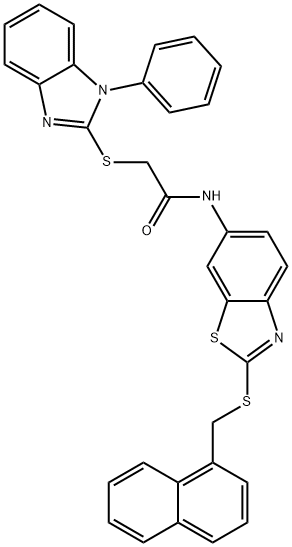 N-{2-[(1-naphthylmethyl)sulfanyl]-1,3-benzothiazol-6-yl}-2-[(1-phenyl-1H-benzimidazol-2-yl)sulfanyl]acetamide 구조식 이미지