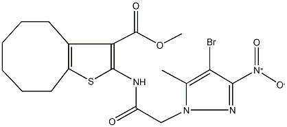 methyl 2-[({4-bromo-3-nitro-5-methyl-1H-pyrazol-1-yl}acetyl)amino]-4,5,6,7,8,9-hexahydrocycloocta[b]thiophene-3-carboxylate 구조식 이미지