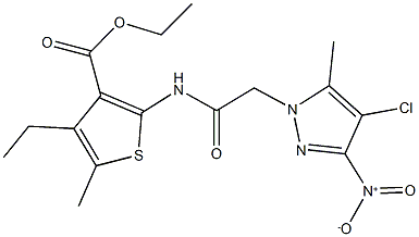 ethyl 2-[({4-chloro-3-nitro-5-methyl-1H-pyrazol-1-yl}acetyl)amino]-4-ethyl-5-methyl-3-thiophenecarboxylate Structure