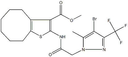 methyl 2-({[4-bromo-5-methyl-3-(trifluoromethyl)-1H-pyrazol-1-yl]acetyl}amino)-4,5,6,7,8,9-hexahydrocycloocta[b]thiophene-3-carboxylate 구조식 이미지