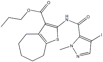 propyl 2-{[(4-iodo-1-methyl-1H-pyrazol-5-yl)carbonyl]amino}-5,6,7,8-tetrahydro-4H-cyclohepta[b]thiophene-3-carboxylate Structure