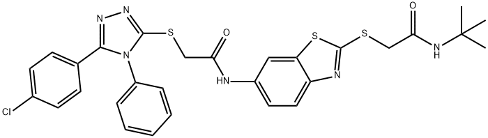 N-(2-{[2-(tert-butylamino)-2-oxoethyl]sulfanyl}-1,3-benzothiazol-6-yl)-2-{[5-(4-chlorophenyl)-4-phenyl-4H-1,2,4-triazol-3-yl]sulfanyl}acetamide 구조식 이미지