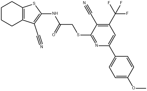 2-{[3-cyano-6-(4-methoxyphenyl)-4-(trifluoromethyl)pyridin-2-yl]sulfanyl}-N-(3-cyano-4,5,6,7-tetrahydro-1-benzothien-2-yl)acetamide Structure