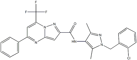 N-[1-(2-chlorobenzyl)-3,5-dimethyl-1H-pyrazol-4-yl]-5-phenyl-7-(trifluoromethyl)pyrazolo[1,5-a]pyrimidine-2-carboxamide 구조식 이미지