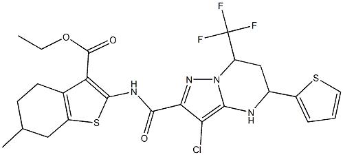 ethyl 2-({[3-chloro-5-(2-thienyl)-7-(trifluoromethyl)-4,5,6,7-tetrahydropyrazolo[1,5-a]pyrimidin-2-yl]carbonyl}amino)-6-methyl-4,5,6,7-tetrahydro-1-benzothiophene-3-carboxylate Structure